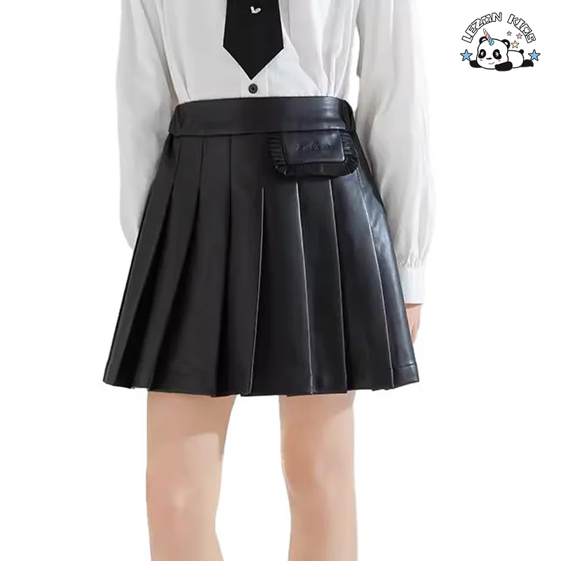 LEZONKIDS - Conjunto de couro de gola de boneca de alta qualidade para meninas, conjunto de saia de couro plissada de duas peças